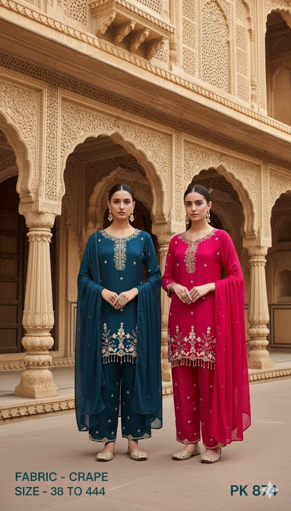 Embroidered Crepe Straight Kurta Palazzo Set with Dupatta
