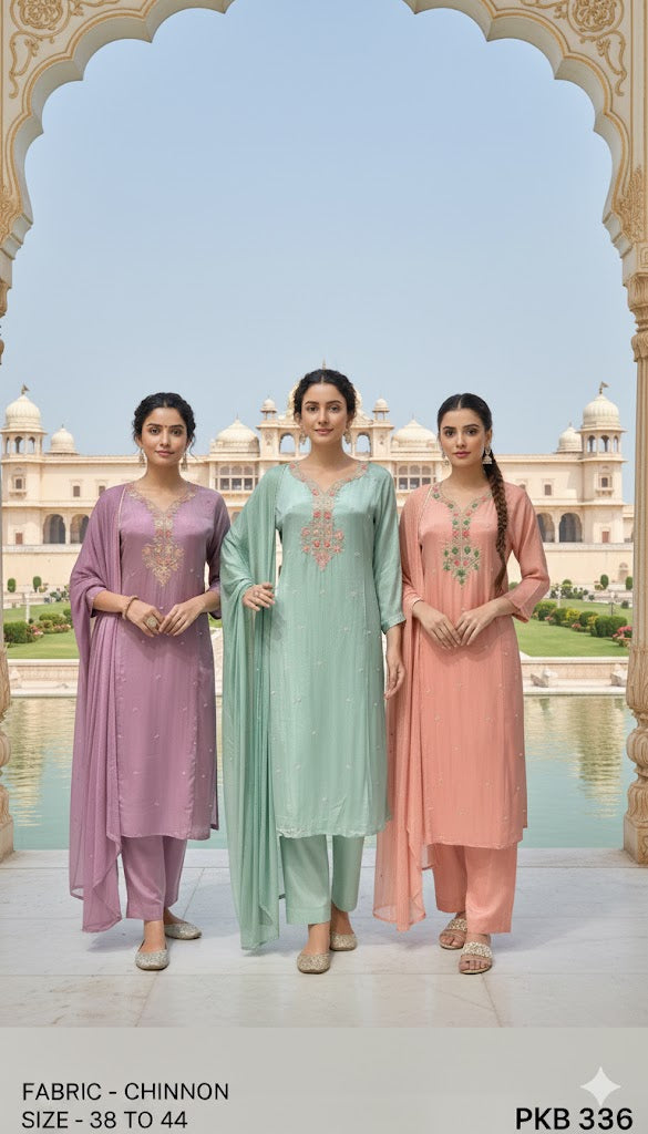 Embroidered Chinon Kurta Pant Set with Dupatta