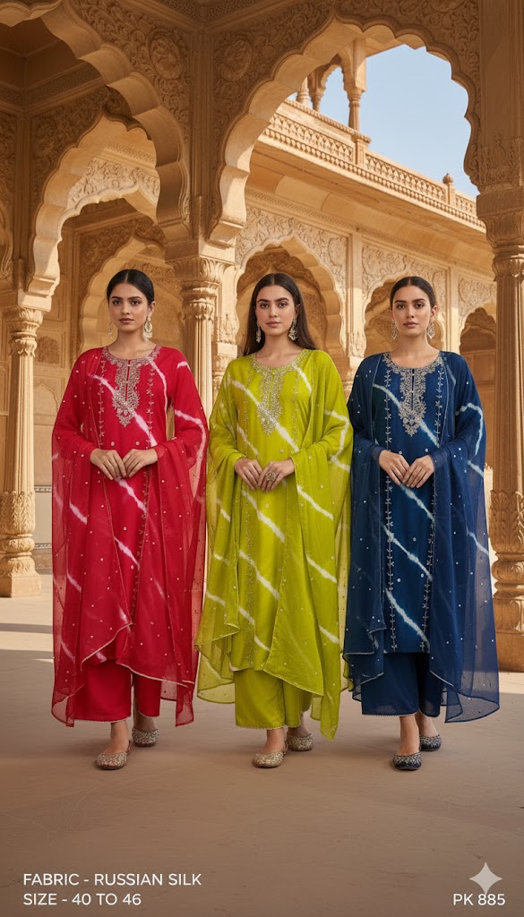 Leheriya Embroidered Russian Silk Kurta Set with Dupatta