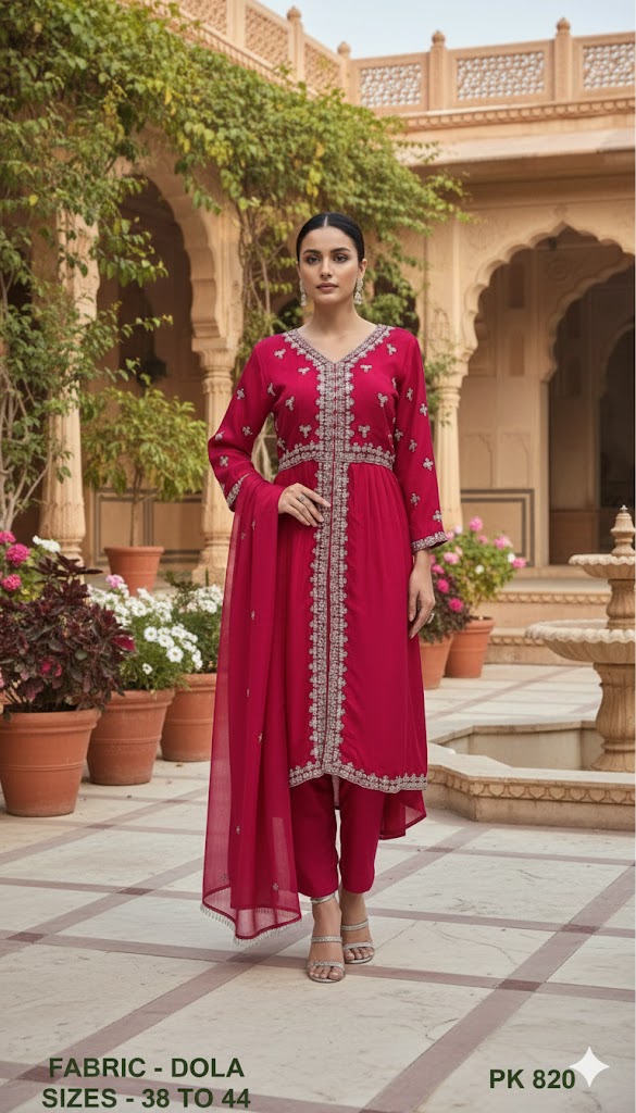 Embroidered Dola Silk A-Line Kurta Pant Set with Dupatta