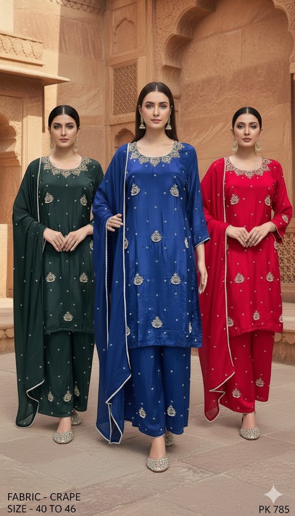 Embroidered Crepe Straight Kurta Palazzo Set with Dupatta