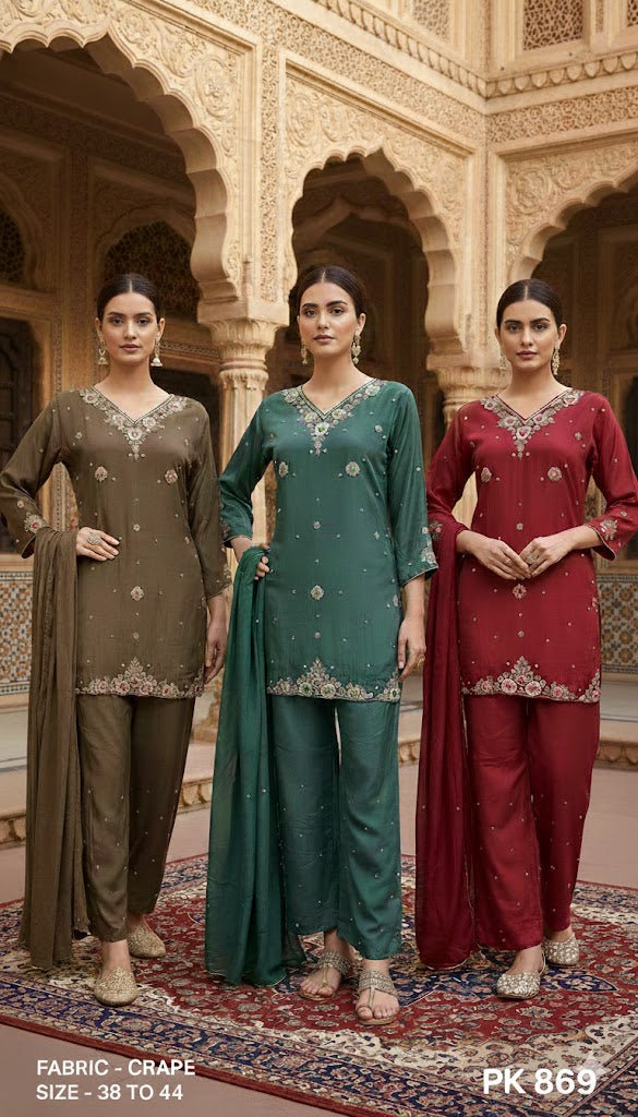 Floral Embroidered Crepe Kurta Palazzo Set with Dupatta