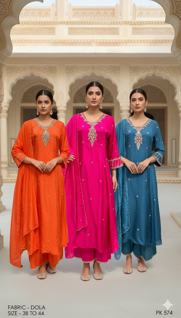 Embroidered Dola Silk Straight Kurta Palazzo Set with Dupatta