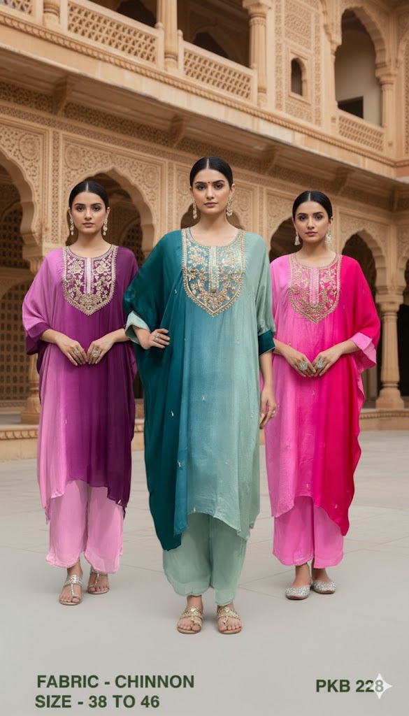 Embroidered Chinon Asymmetric Kaftan Tunic Set with Palazzo