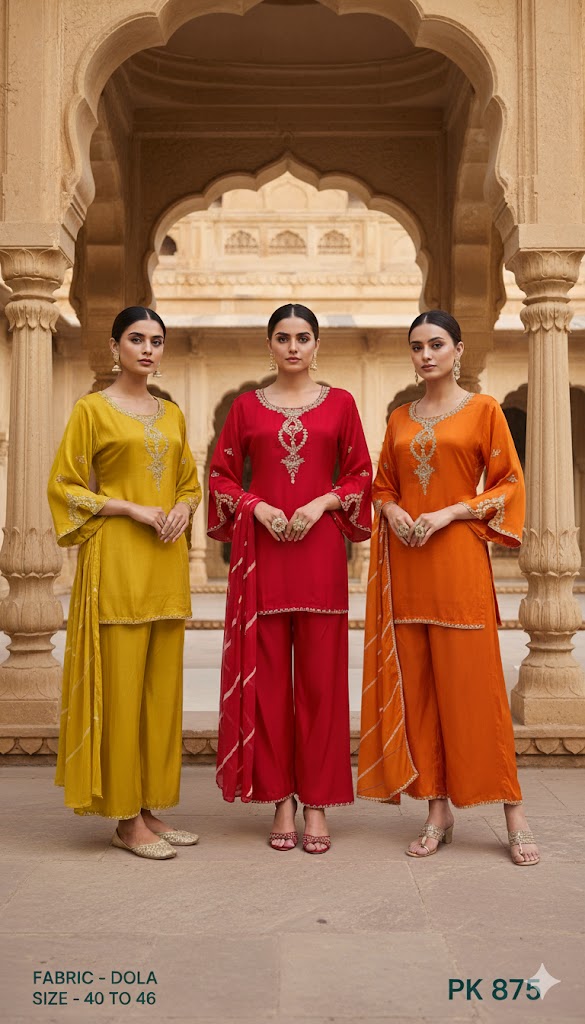 Embroidered Dola Silk Short Kurta Palazzo Set with Dupatta