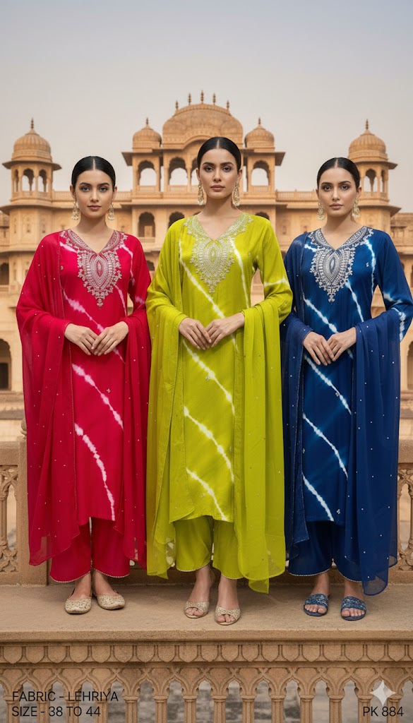Leheriya Embroidered Straight Kurta Pant Set with Dupatta