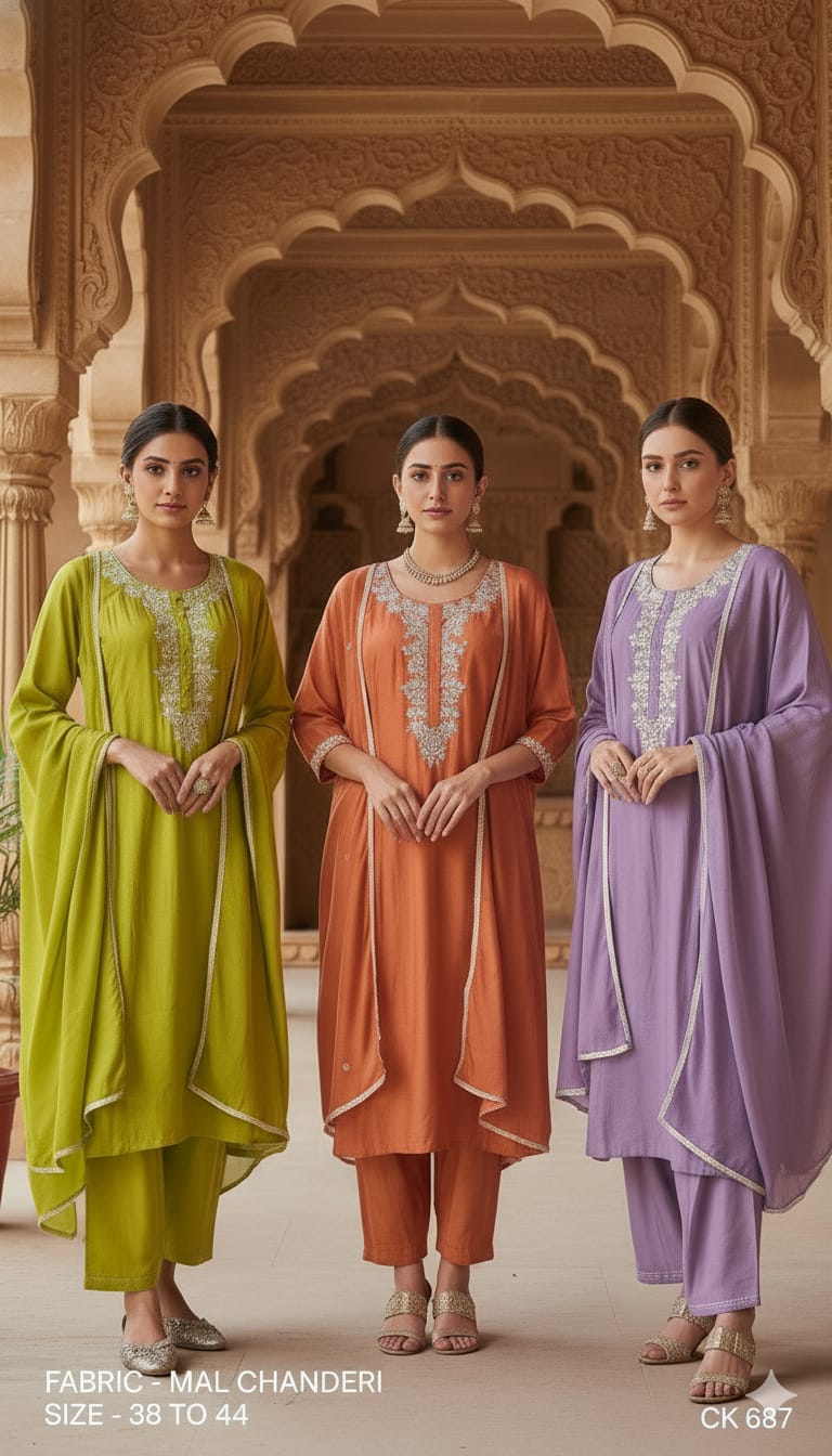 Embroidered Mal Chanderi Straight Kurta Set with Dupatta
