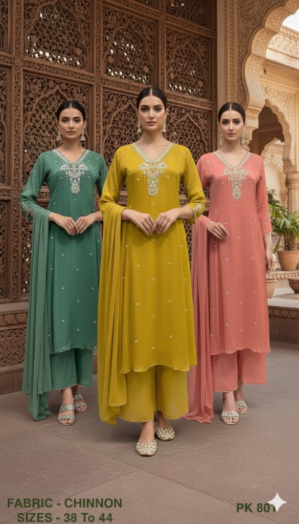 Embroidered Chinon Straight Kurta Palazzo Set with Dupatta