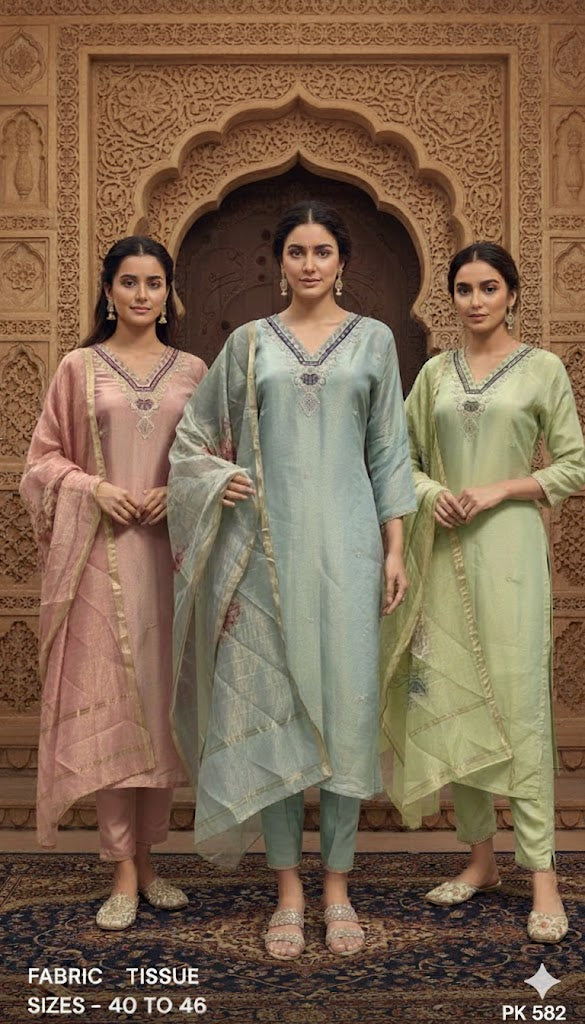 Embroidered Tissue Straight Kurta Pant Set with Dupatta