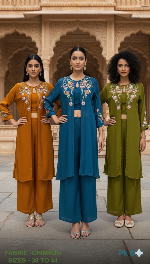 Floral Embroidered Chinon Palazzo Co-ord Set with Long Jacket