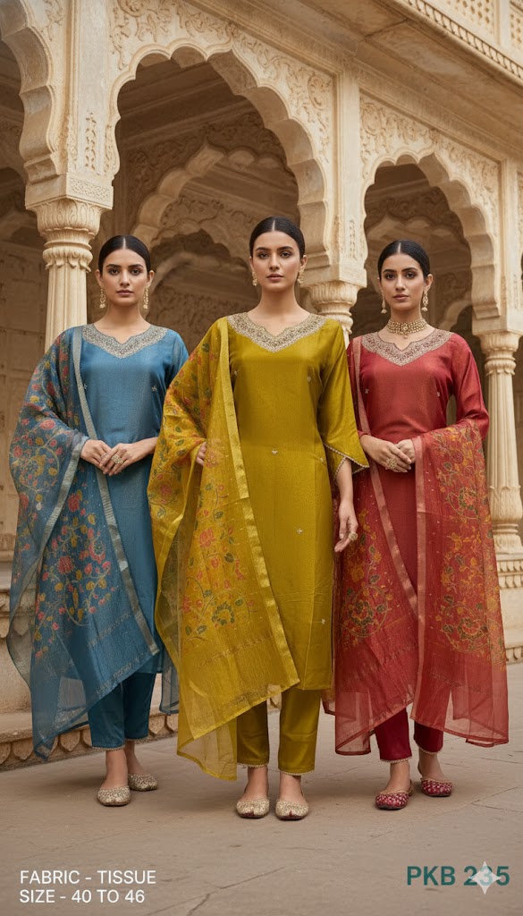 Embroidered Tissue Kurta Pant Set with Printed Dupatta