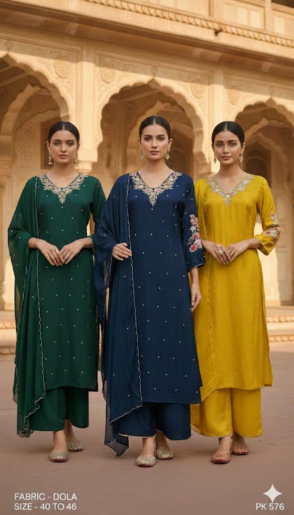Floral Embroidered Dola Silk Kurta Palazzo Set with Dupatta