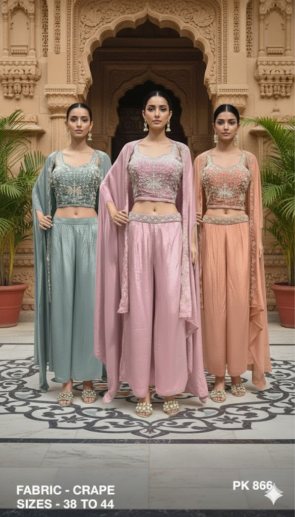 Embroidered Crepe Palazzo Co-ord Set with Sheer Shrug