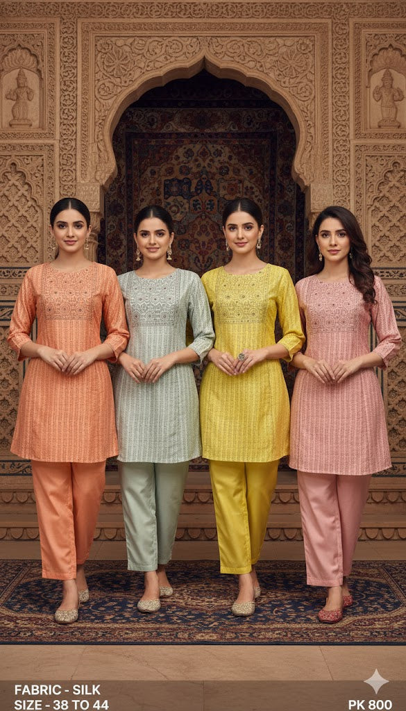 Embroidered Zari-Stripe Silk Kurta Pant Set